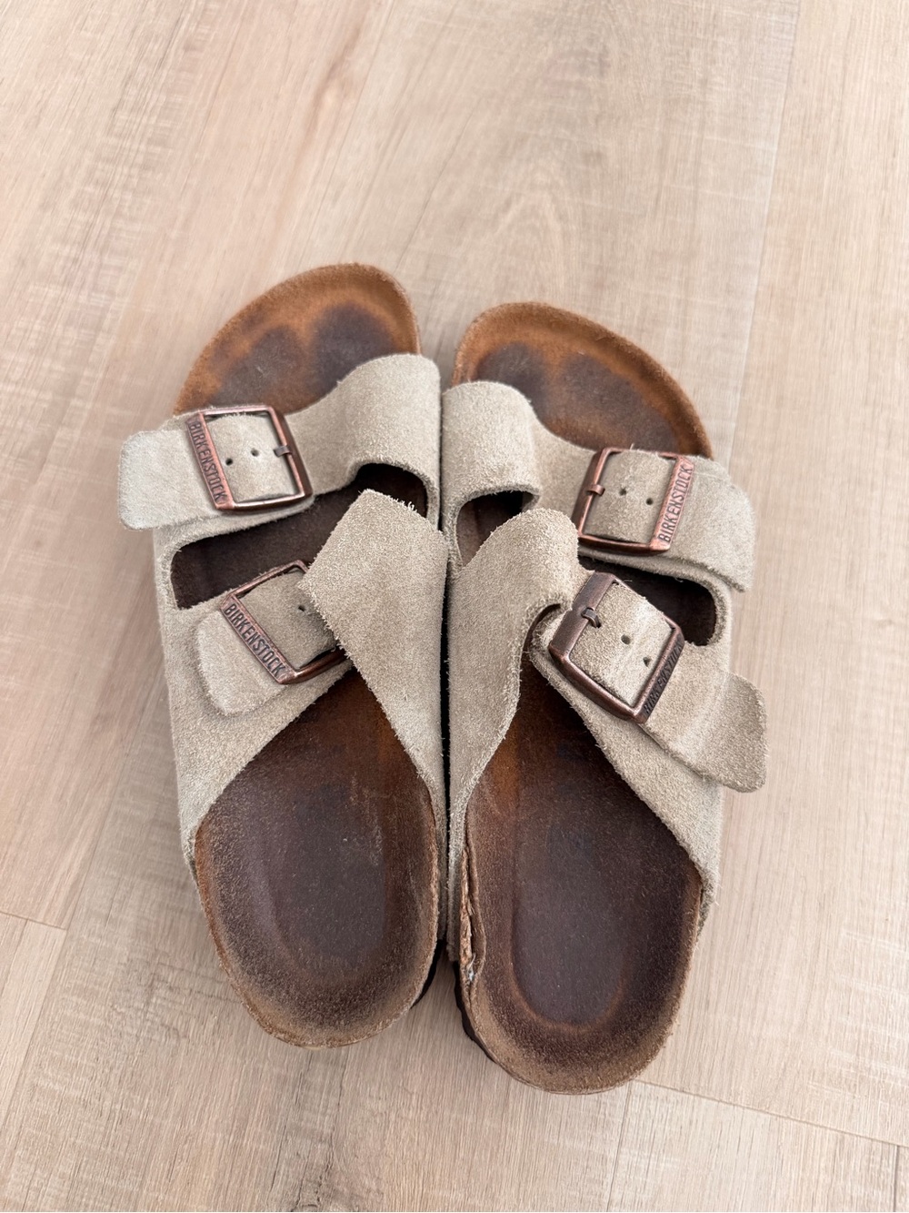Birkenstock Beige Suede Two-Strap Sandals with Copper Buckles